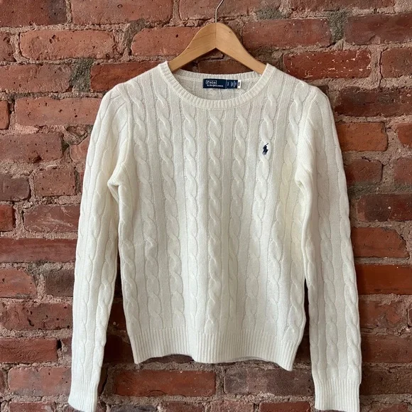 $228 Polo Ralph Lauren cable knit wool and cashmere Sweater in ivory white - Picture 2 of 9